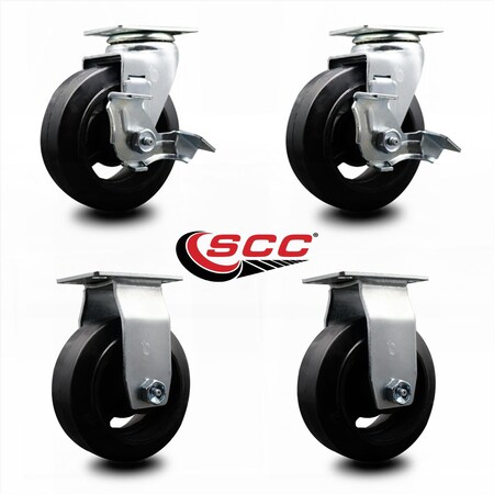 Service Caster 5 Inch Rubber on Cast Iron Caster Set with Roller Bearings 2 Brakes 2 Rigid SCC-20S520-RSR-TLB-2-R-2